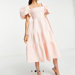 Asos shirred puff sleeve midi dress